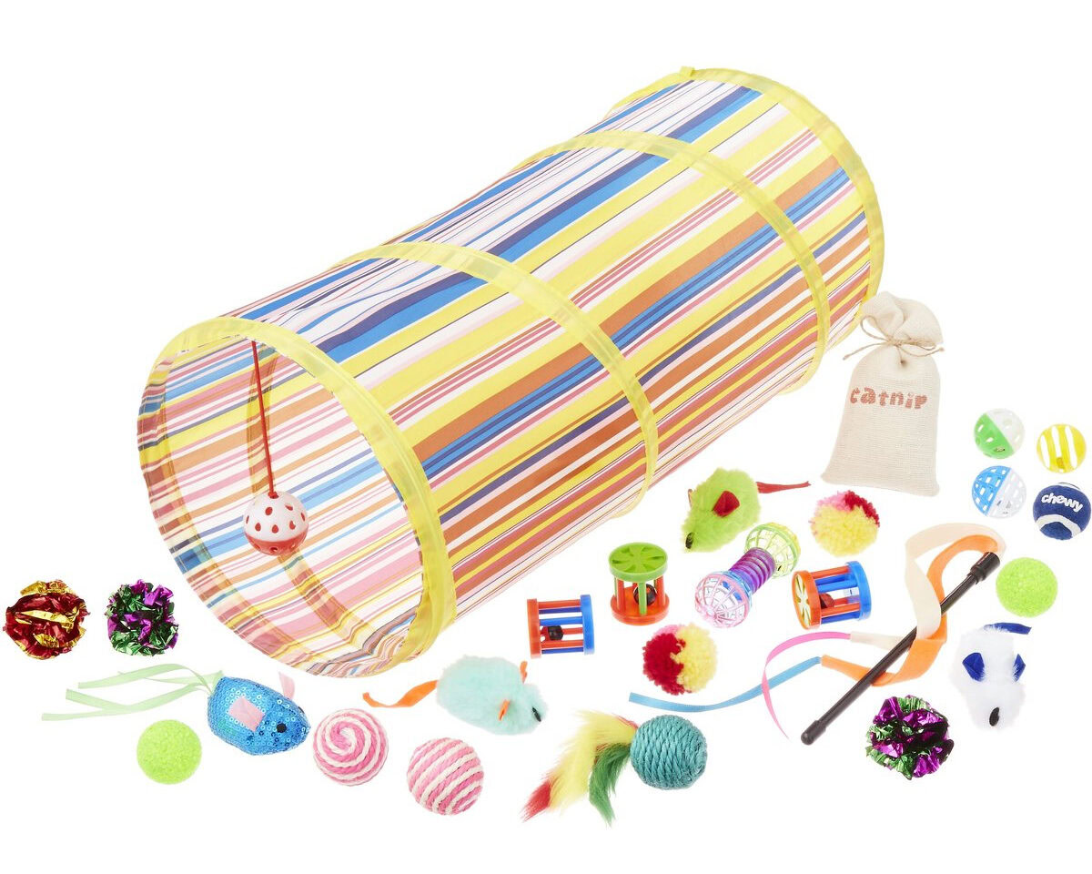 Frisco Plush, Teaser, Ball & Tunnel Variety Pack Cat Toy with Catnip