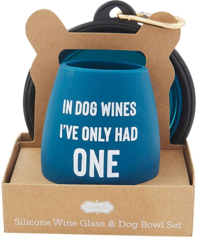 Mud Pie Wine Glass & Collapsible Silicone Dog Bowl Set