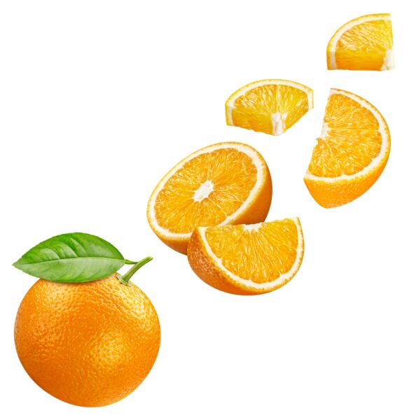 Ripe whole Orange and slice isolated on white background with clipping path