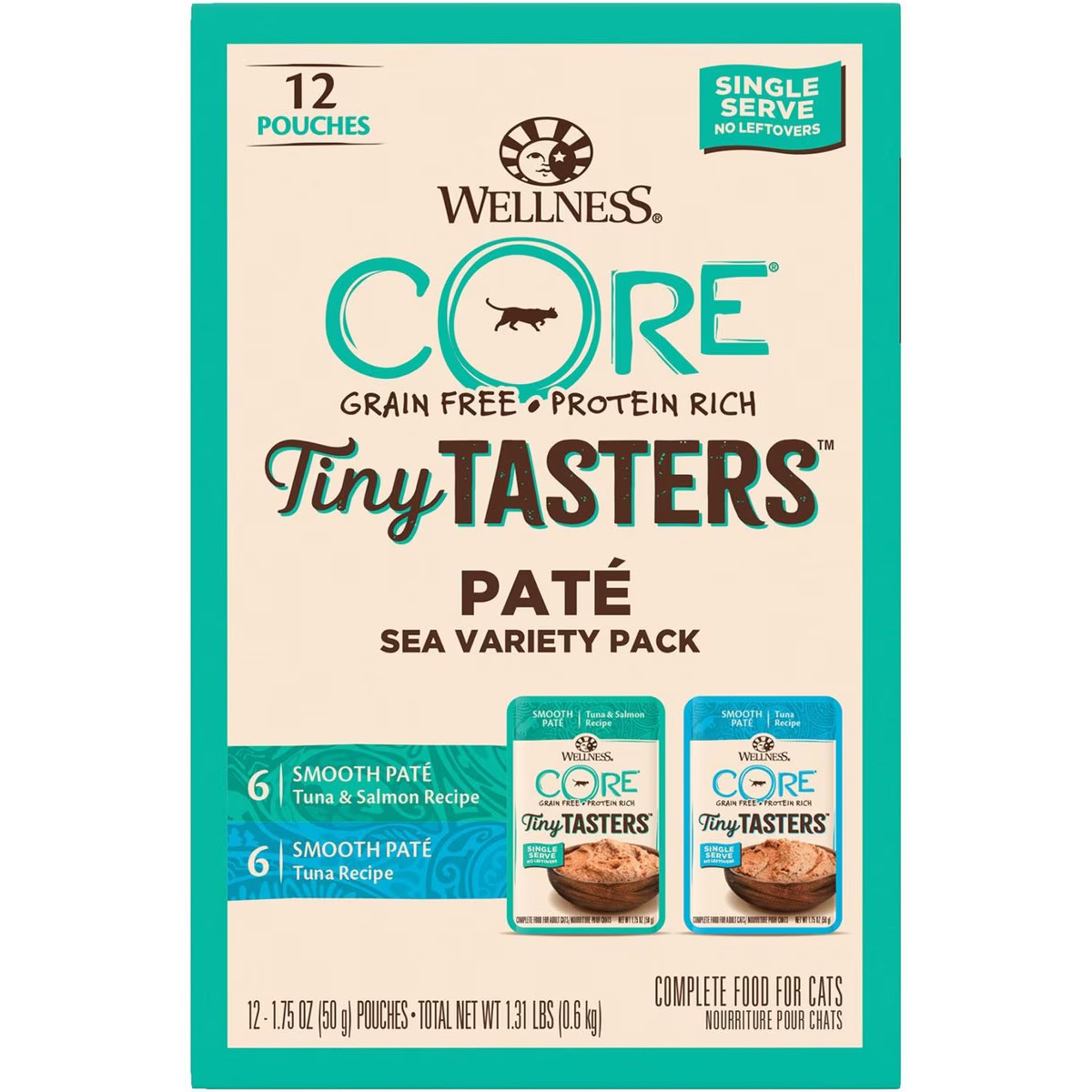 Wellness CORE Tiny Tasters Tuna & Salmon, Tuna Pate Sea Variety Pack Grain-Free Cat Food Pouches