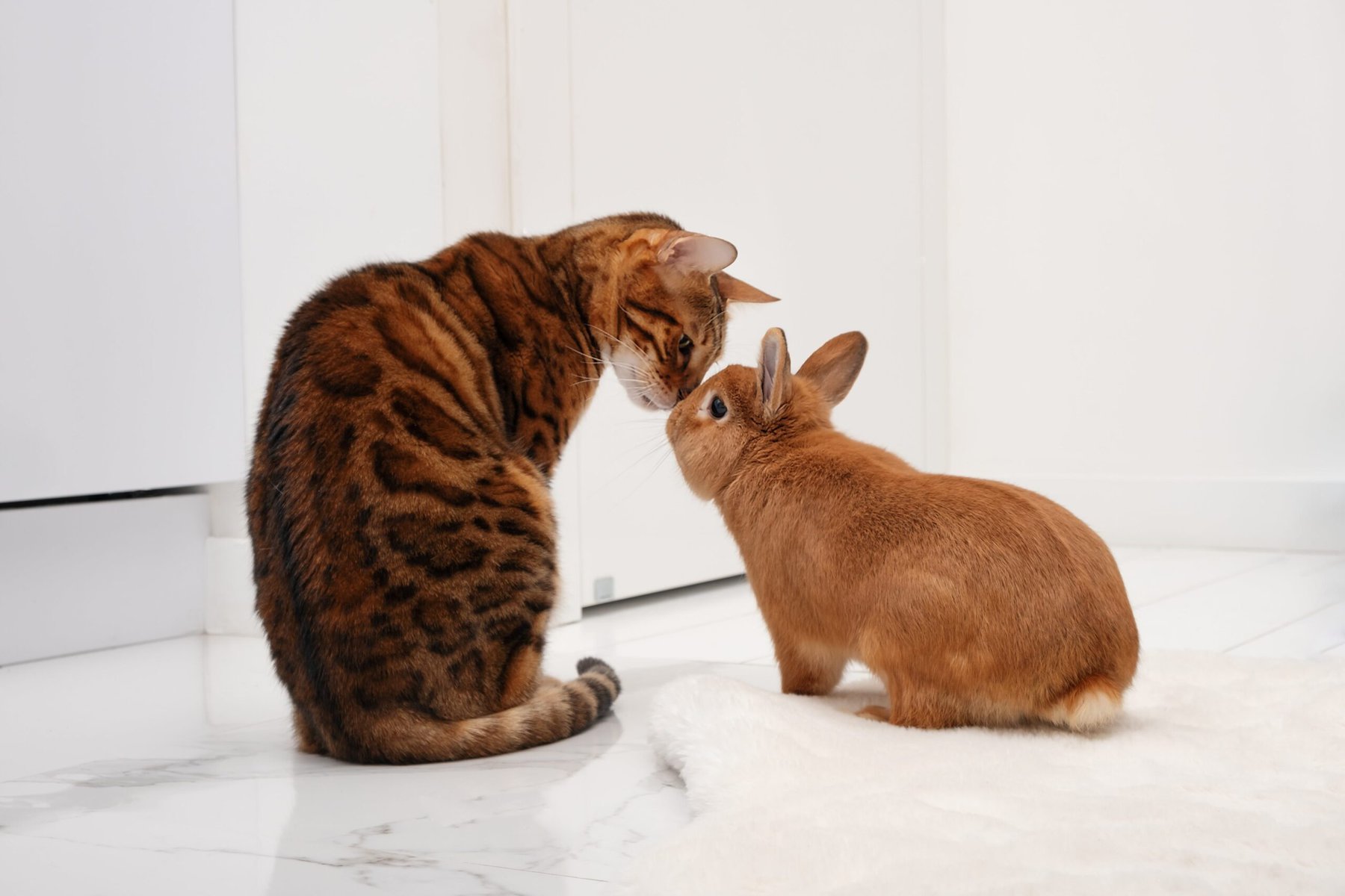 Cute little sweet bunny kissing beautiful bengal cat indoors at white modern interior.