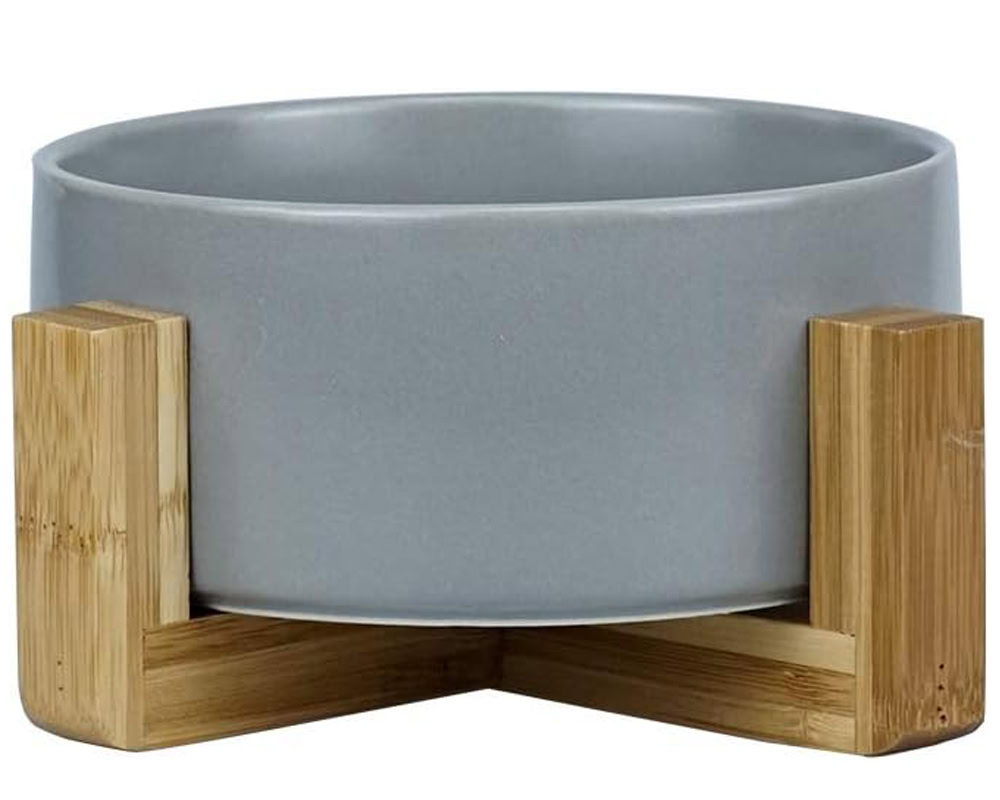 Lionwei Grey Ceramic Cat Bowl with Wood Stand