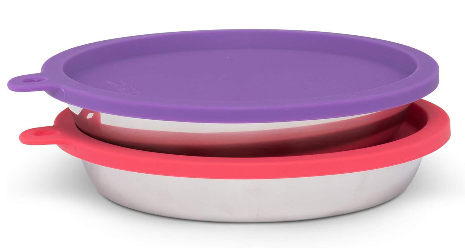 Messy Cats 4pc Set with Two Stainless Saucer Shaped Bowls and Two Silicone Lids