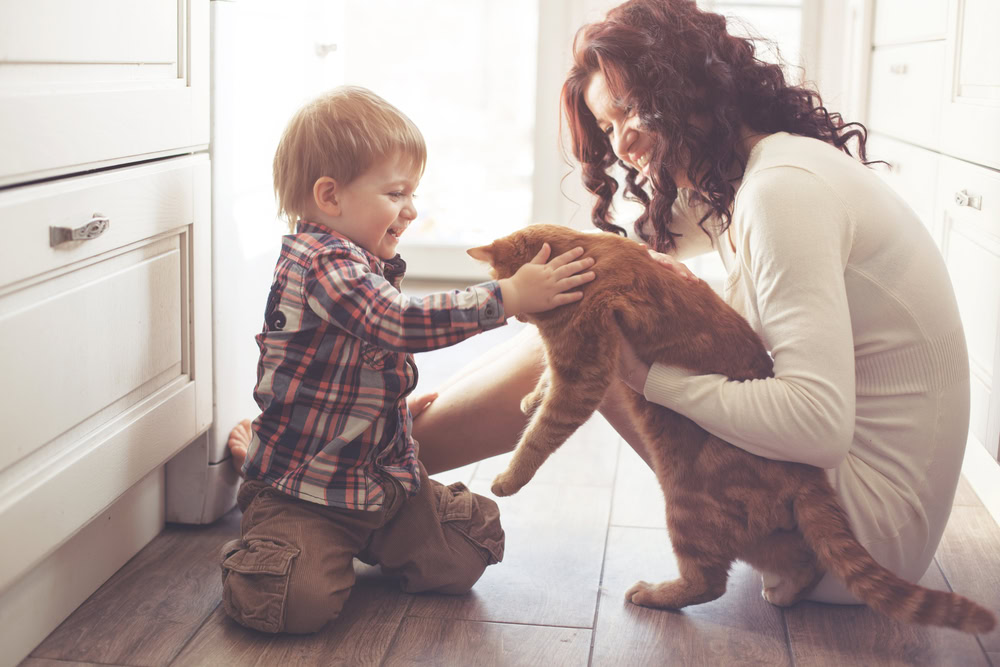 mother and baby playing with cat