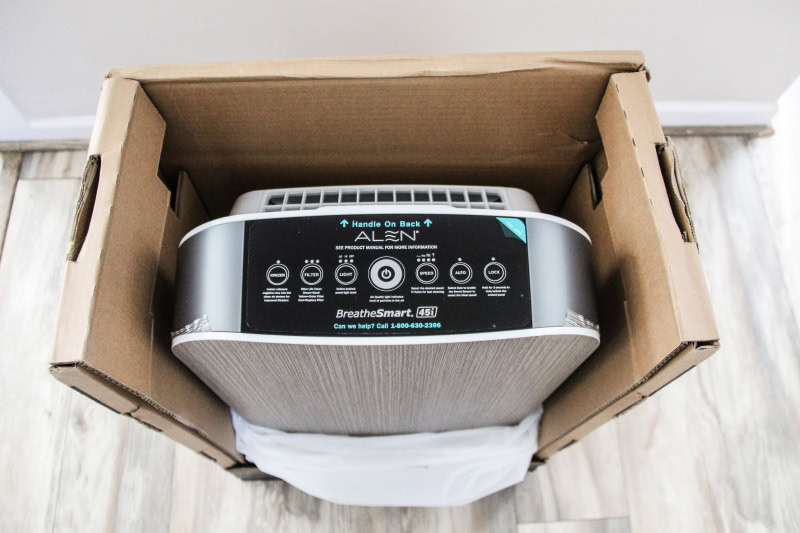Alen BreatheSmart 45i True HEPA Air Purifier - top view of the product in the box