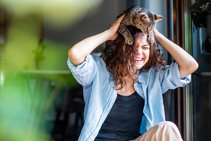 Beautiful young woman laughing happily with a cat on her head
