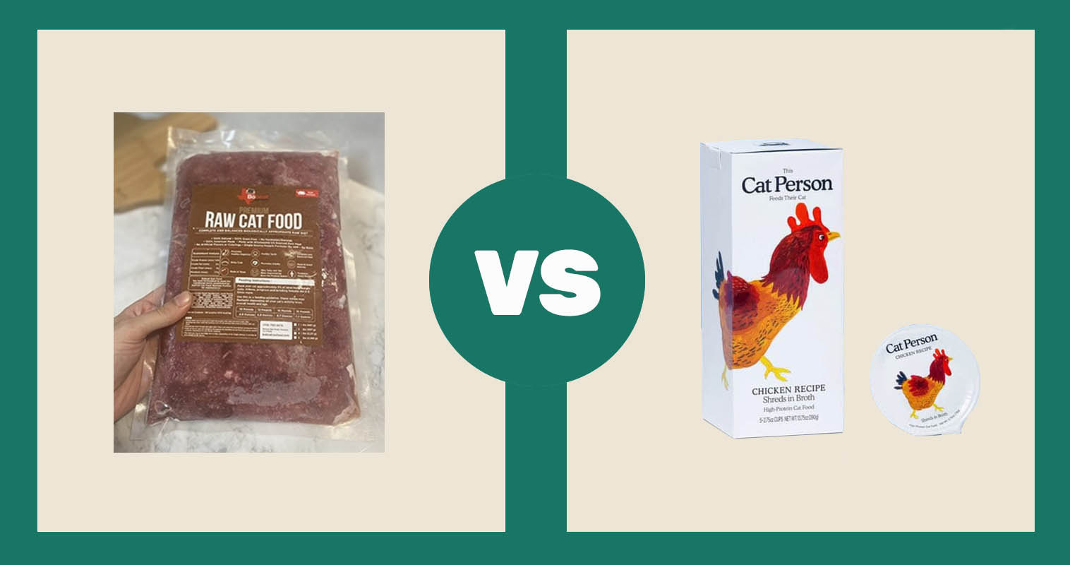 Bobcat Raw Chicken Formula Cat Food vs. Cat Person Chicken Shreds in Broth