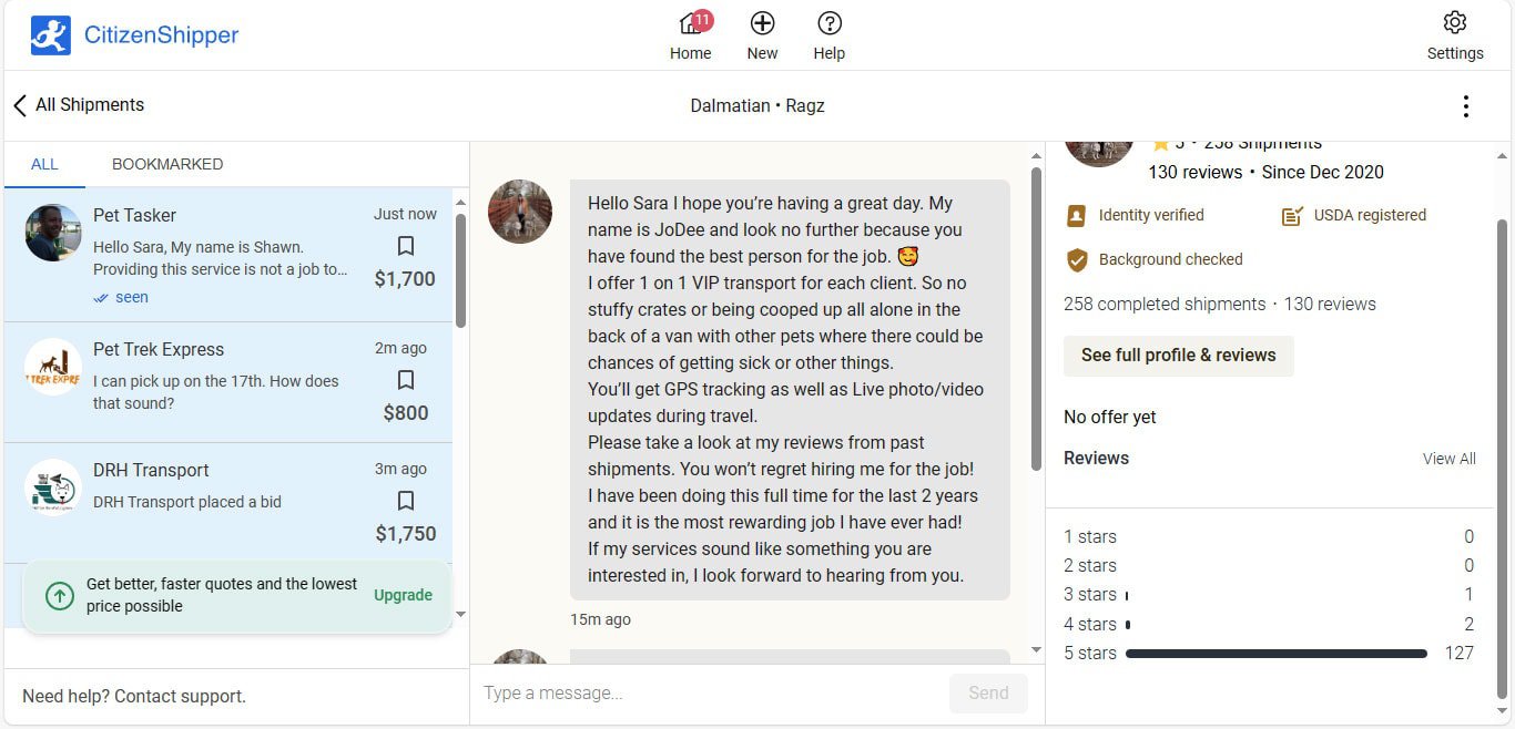 CitizenShipper Pet Shipping - bidding