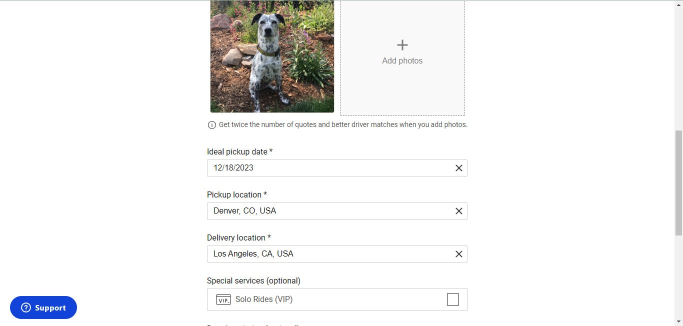 CitizenShipper Pet Shipping - booking page