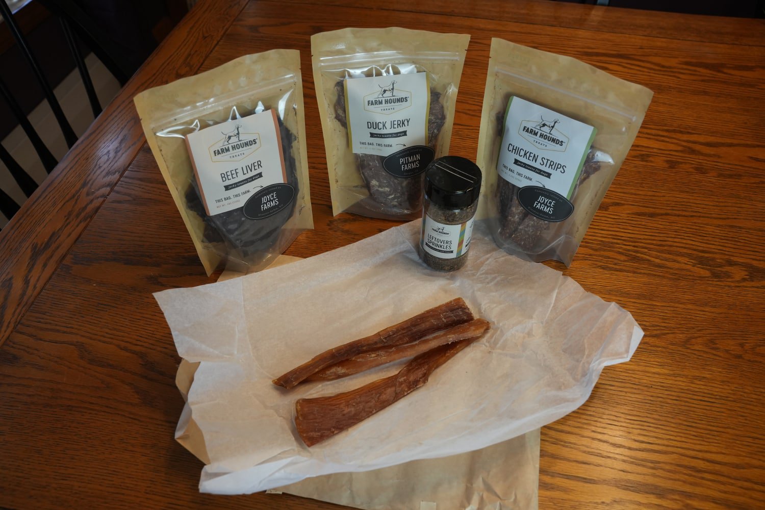 Farm Hounds dog treats on the table