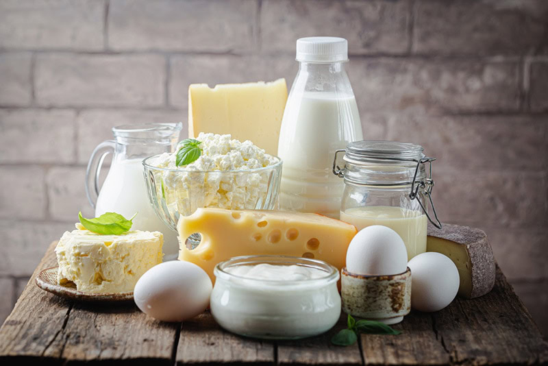 Fresh dairy products, milk, cottage cheese, eggs, yogurt, sour cream and butter