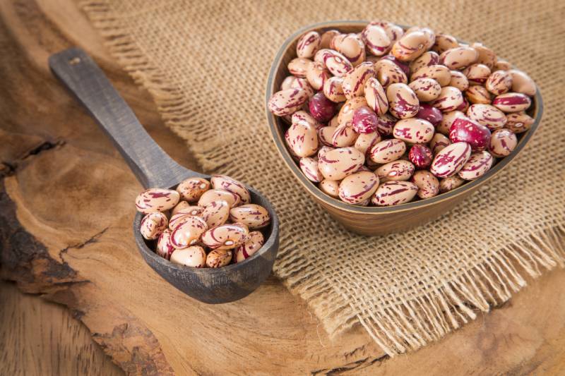 Pinto beans on wood bowl