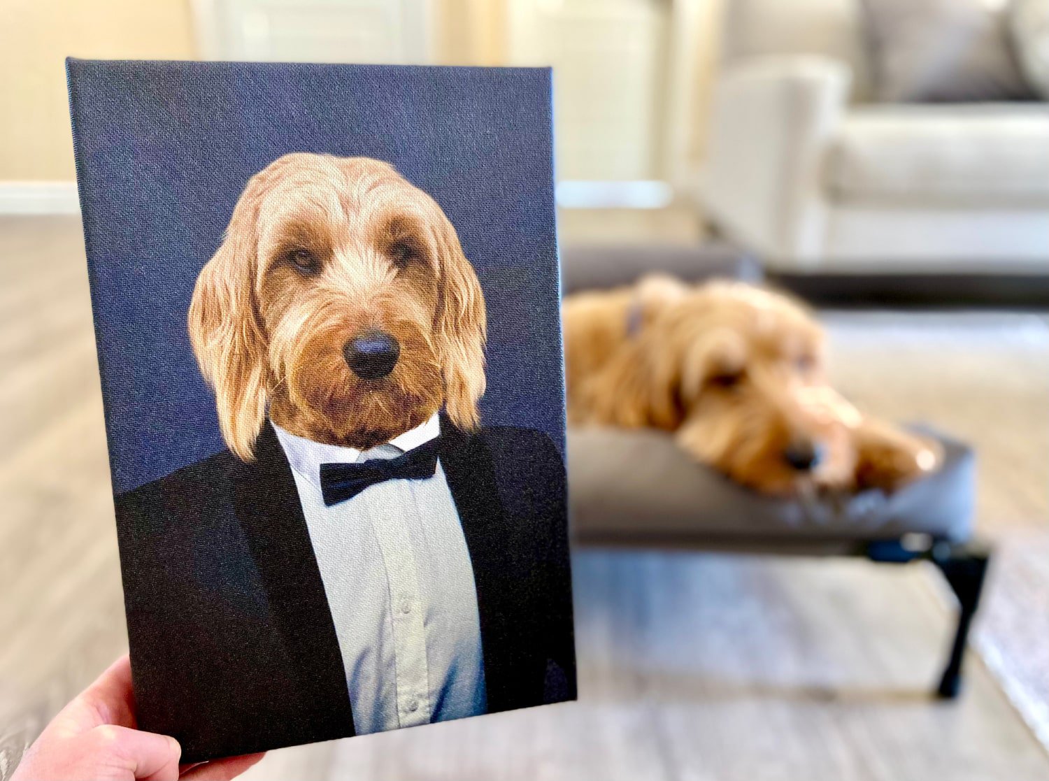 Portrait My Pet Dog Portrait - holding portrait with micah in background