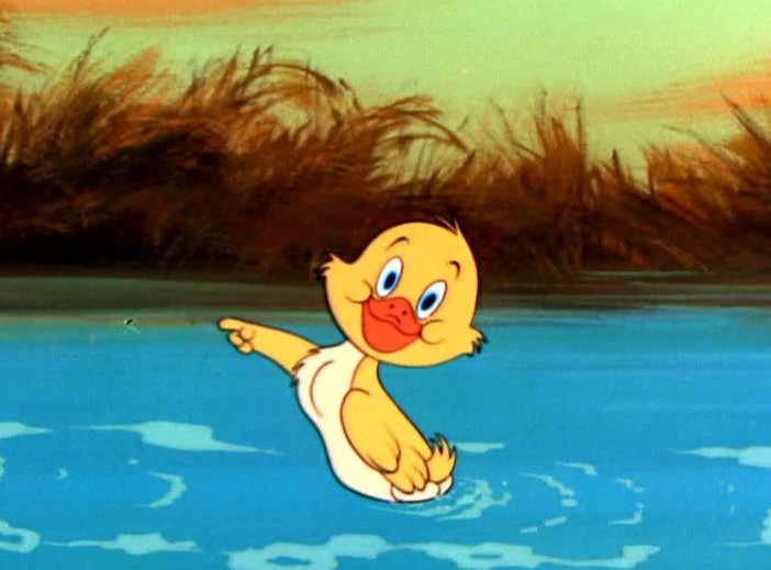 Quacker from Tom and Jerry pointing and swimming on a lake