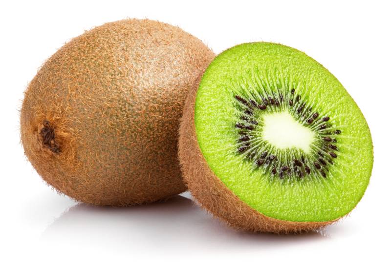Ripe whole kiwi fruit and half kiwi fruit isolated on white background