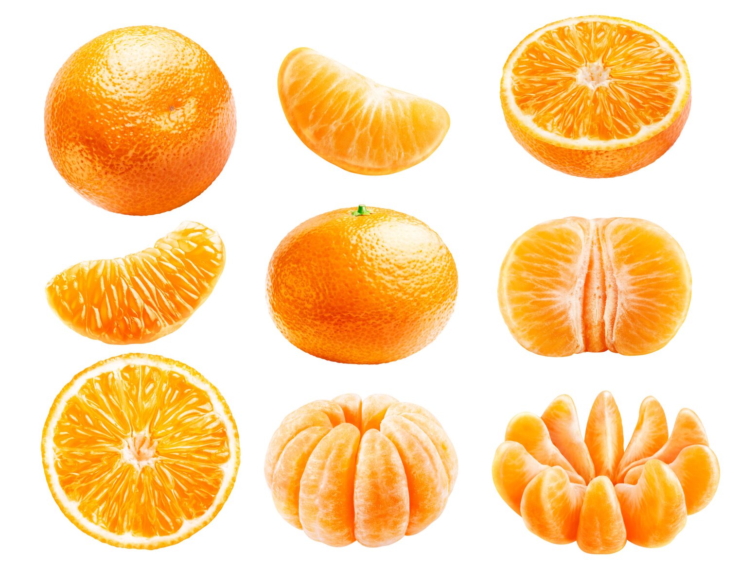 Set of whole ripe tangerines, juicy slices, peeled slices, isolated on a white background.