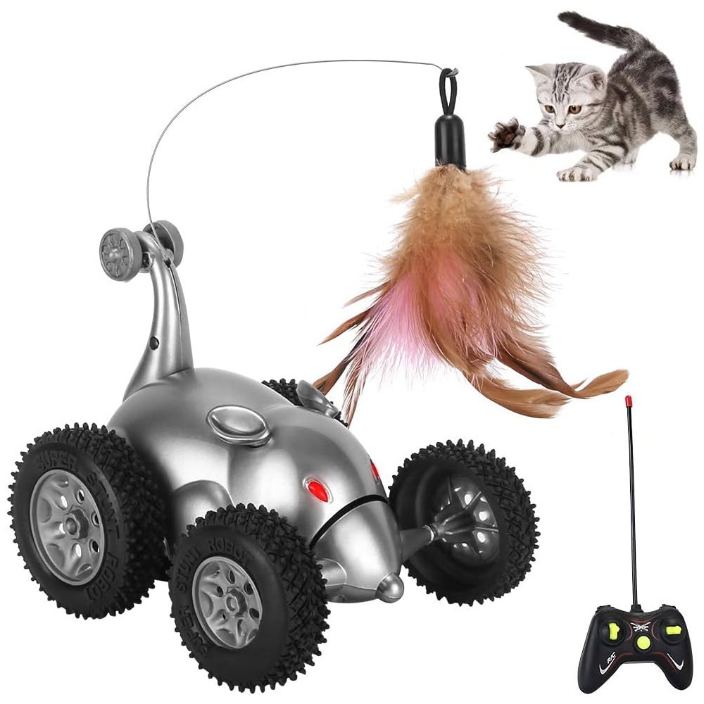 SlowTon Remote Cat Feather Toy, Mouse Shape Interactive Moving Automatic Robotic Rat Sound Chaser Prank Car New