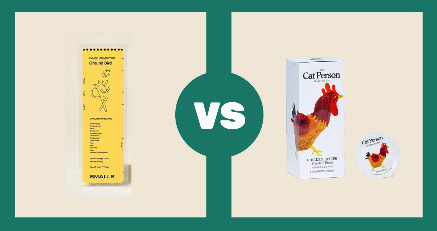 Smalls Ground Bird Fresh Recipe vs. Cat Person Cat Food Chicken Shreds in Broth