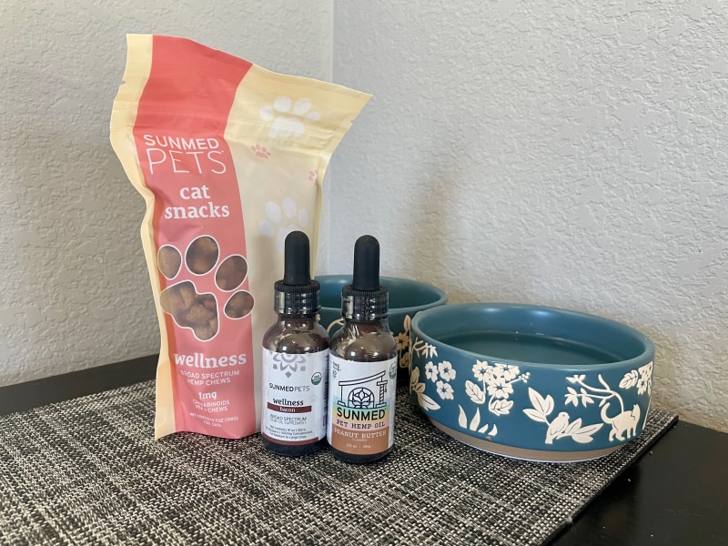 Sunmed Pet CBD Products - products and bowls