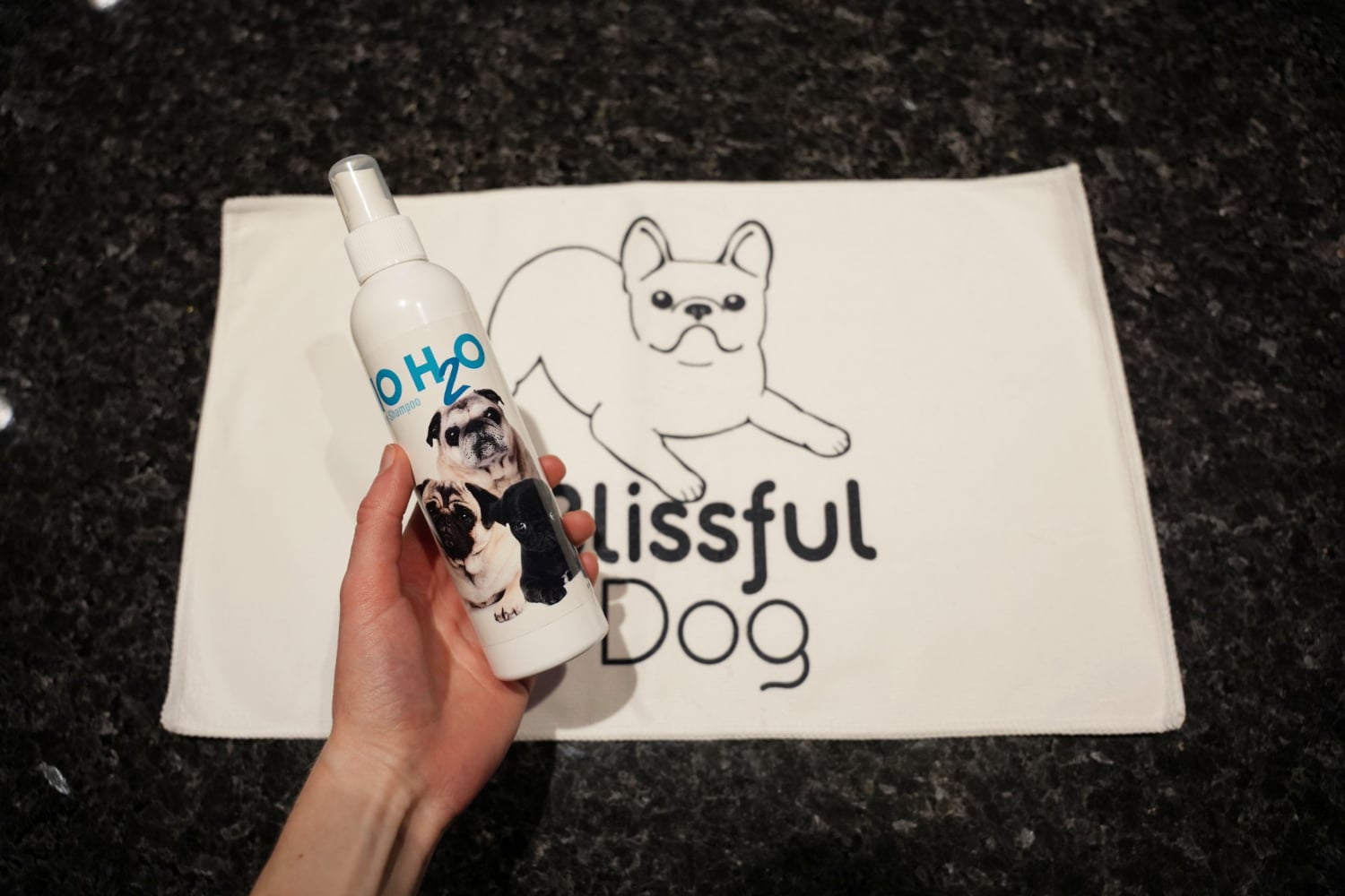 The Blissful Dog No H2O Spray Pet Shampoo - spray bottle and towel
