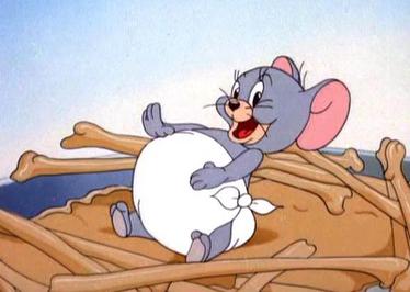 Tuffy from Tom and Jerry sitting on a bunch of bones and holding his tummy