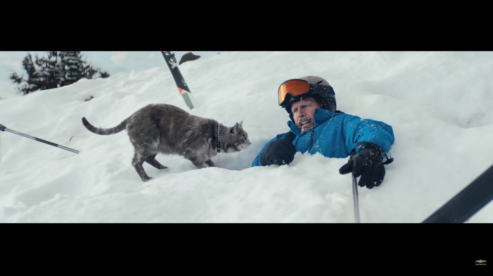 Walter the Chevy Cat helping his owner on the snow