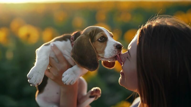 beagle puppy licking woman's nose