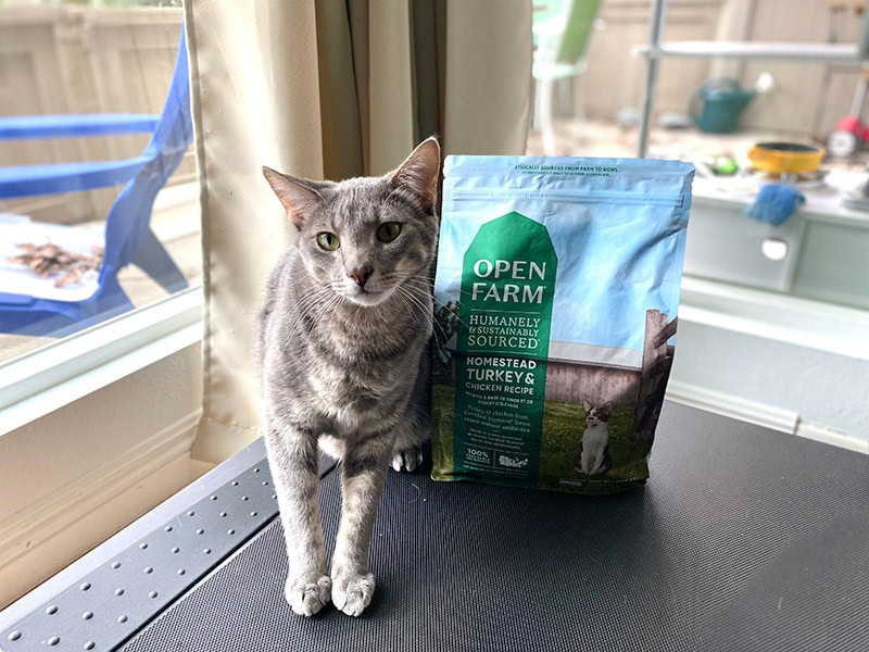 cat sitting beside open farm homestead turkey & chicken recipe packaging
