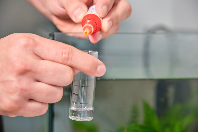 close up of hands adding drops to test PH or nitrite of freshwater aquarium