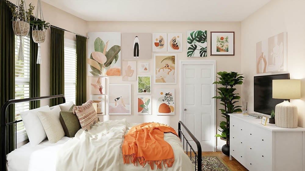 cozy bedroom with wall arts