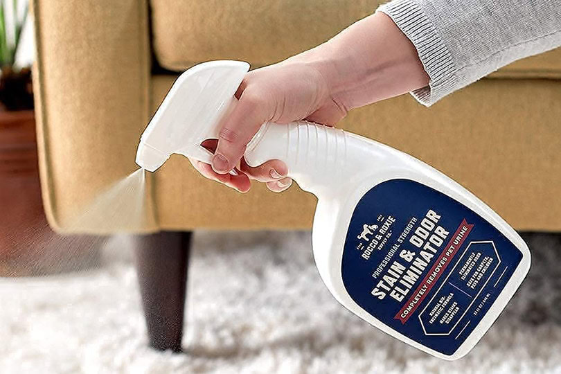 cropped woman spraying carpet with Rocco & Roxie Stain & Odor Eliminator