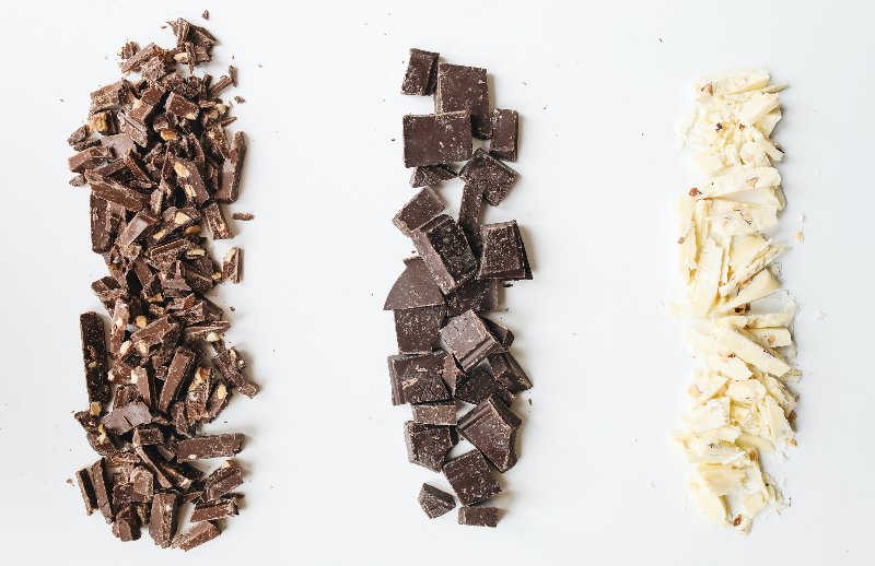 different kinds of chocolate pieces lumped into columns