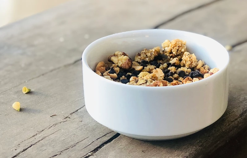 granola in a white bowl