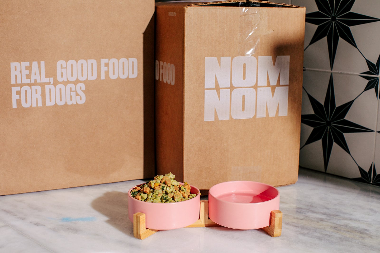 nom nom dog food in an elevated bowl