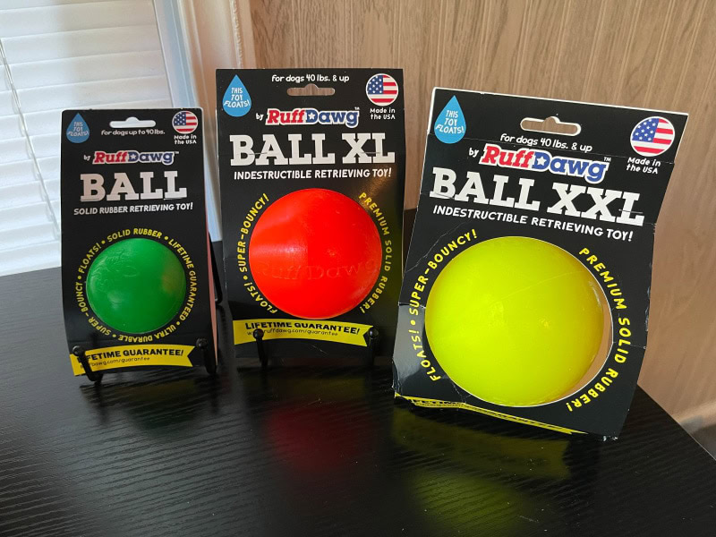 ruff dawg indestructible balls in different colors and sizes