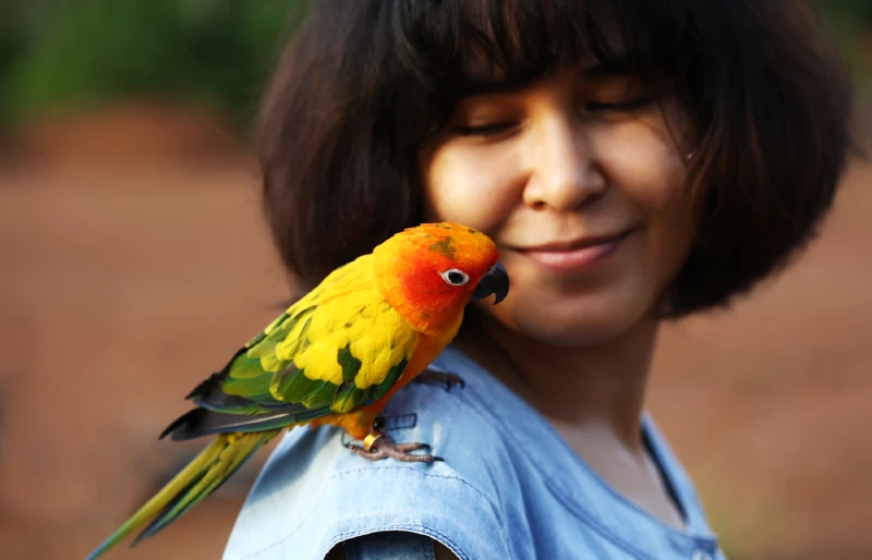 woman and her pet conure parrot