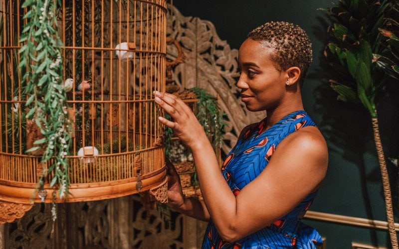 woman looking at birds in a cage