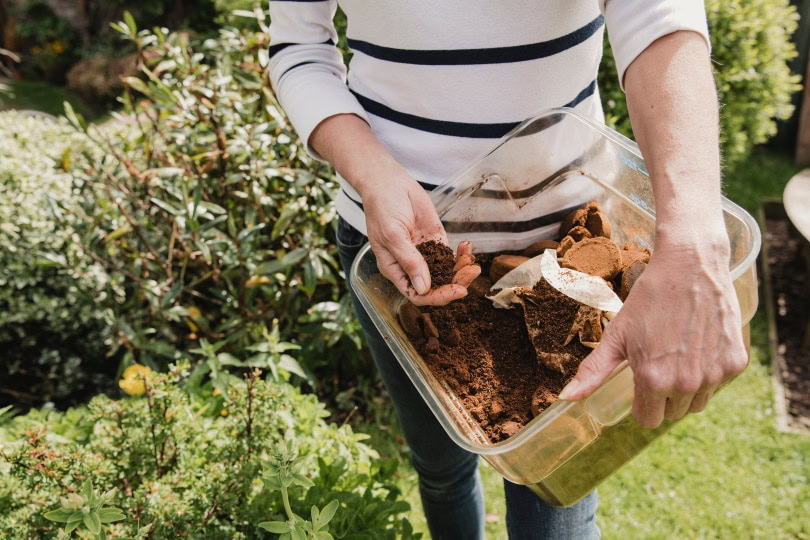 woman use coffe ground as compost in her garden