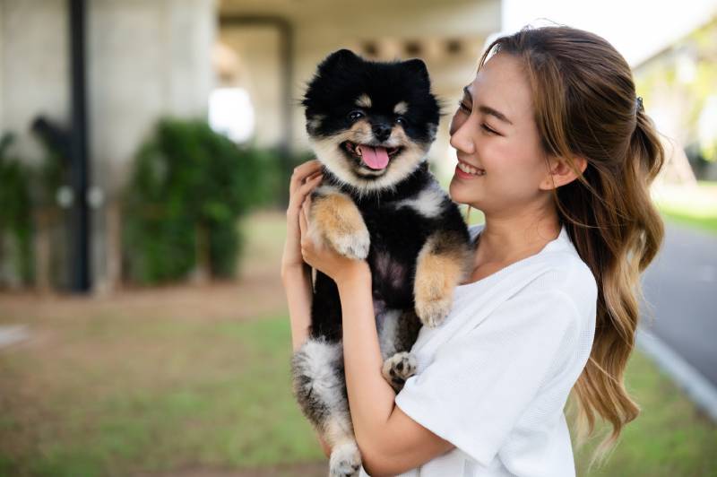 young asian woman playing and sitting on road in the park with her dog