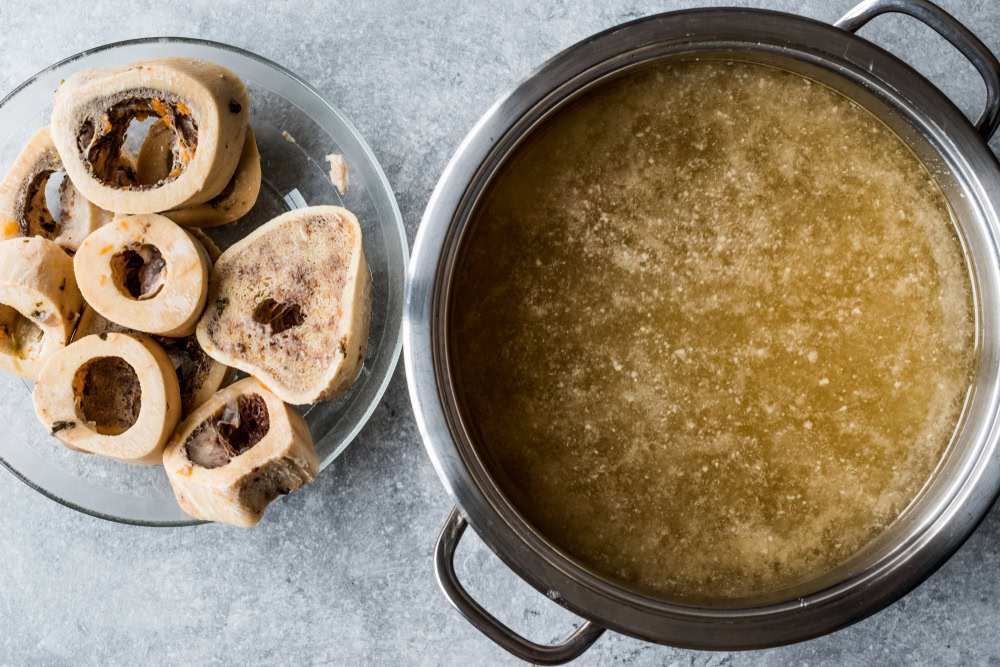 bone broth in a metal pan