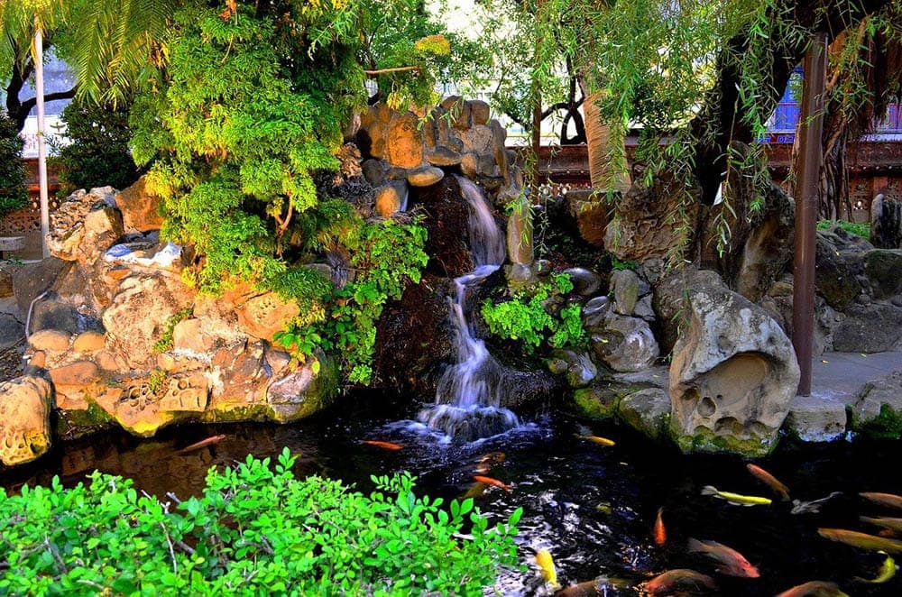 koi pond with waterfalls